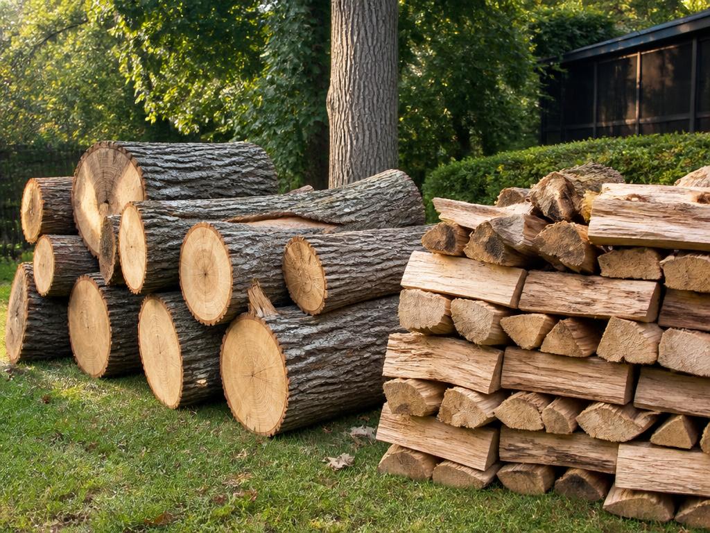 Cut logs stacked after a tree removal